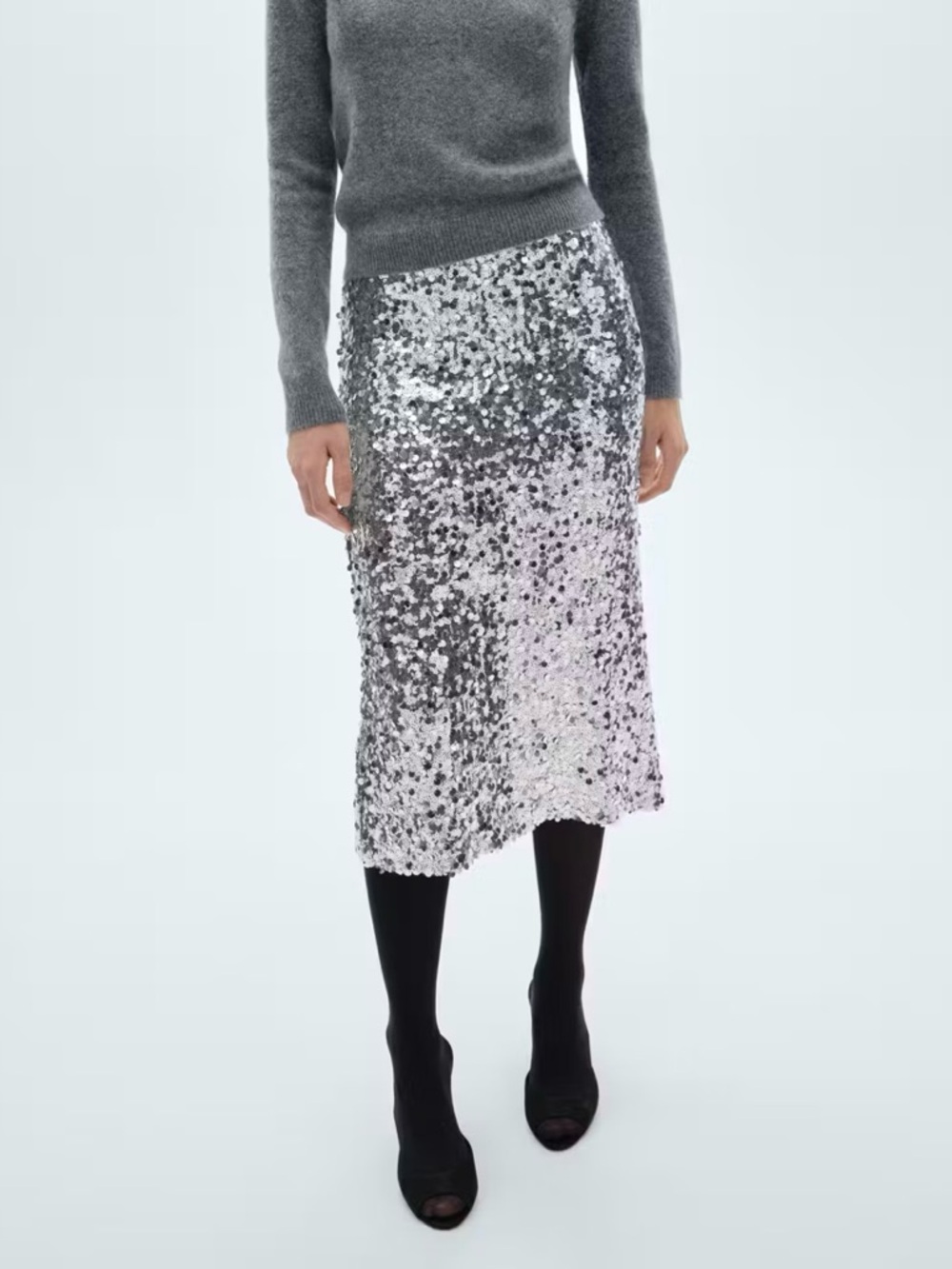 Mango Silver Sequin Midi Skirt